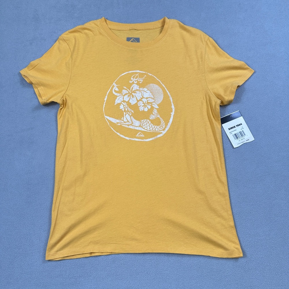 NWT Reef Shirt XS Womens Yellow Graphic Mermaid Floral Surf Flower Tee